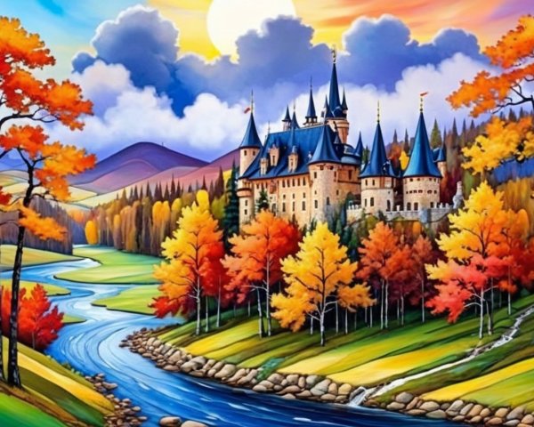 Autumn Landscape with Castle and Colorful Trees