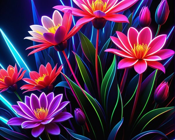 Neon-Colored Flowers Against Dark Background