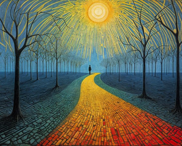 Surreal Landscape with Winding Path and Leafless Trees