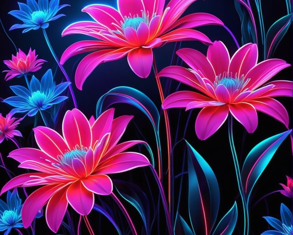 Vibrant Flowers with Neon Outlines on Dark Background