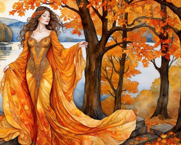 Autumn Scene with Woman by Tranquil River