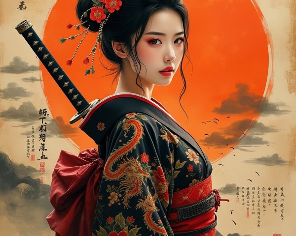 Woman in Traditional Japanese Attire Against Sunset
