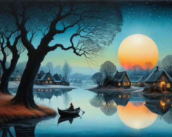 Twilight Lake Scene with Cottages and Silhouetted Trees