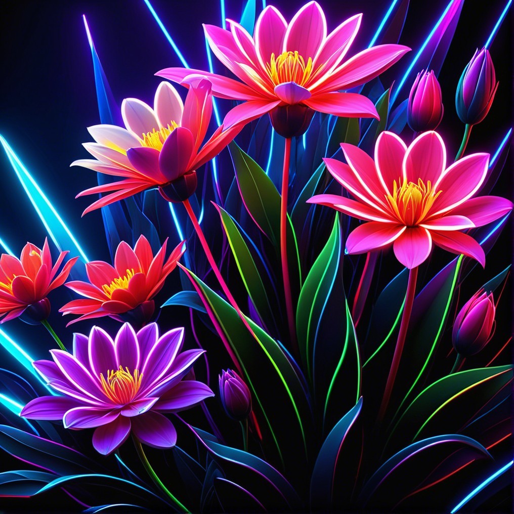 Neon-Colored Flowers Against Dark Background