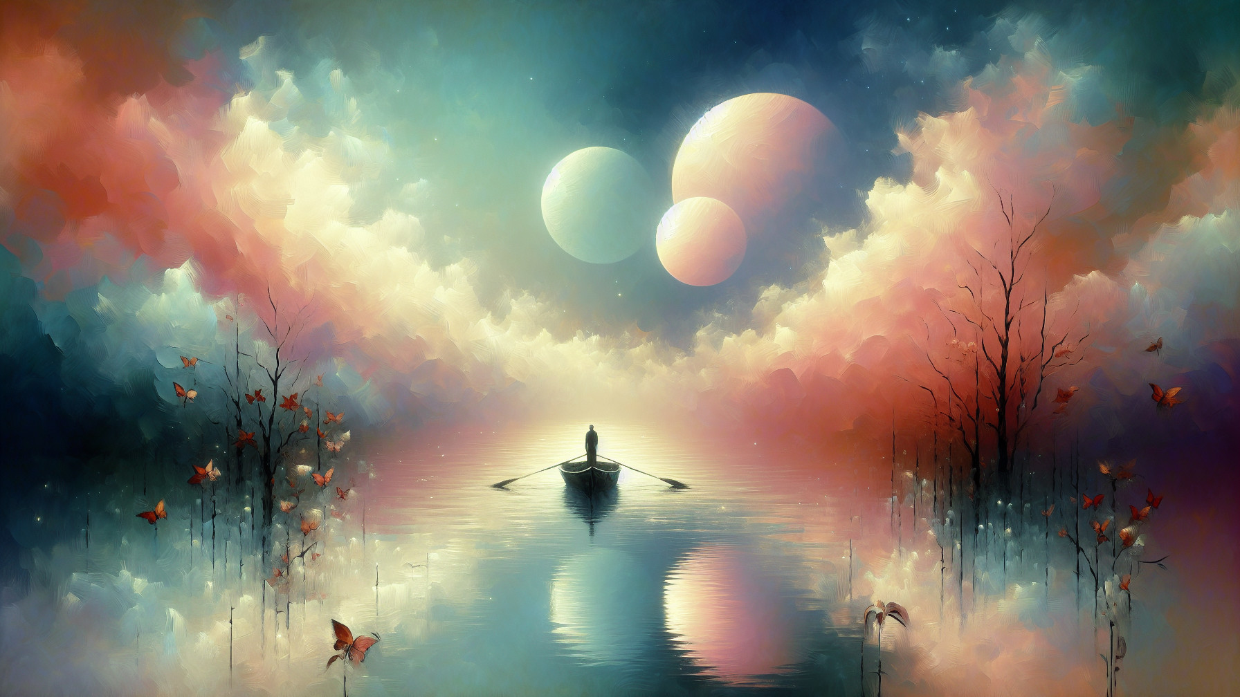 Lone Figure in Rowboat Under Colorful Sky and Planets