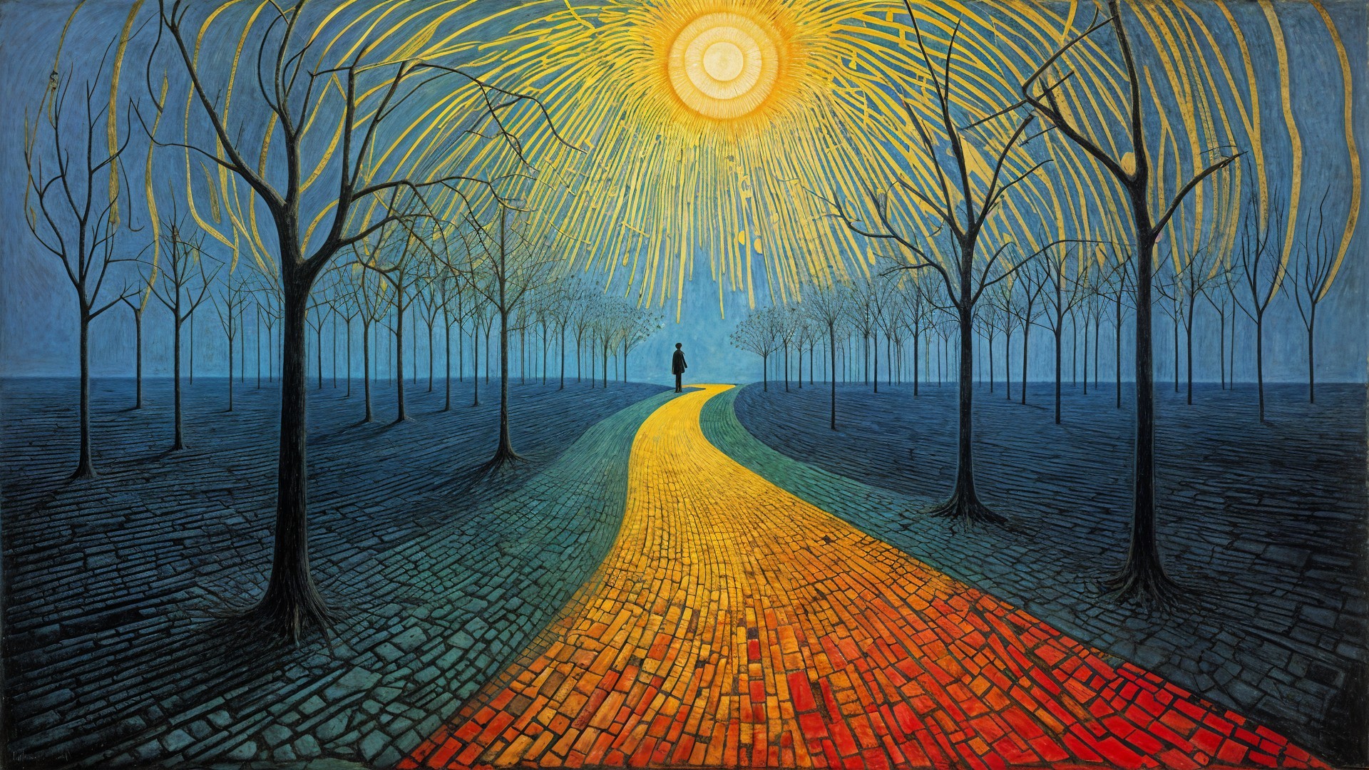 Surreal Landscape with Winding Path and Leafless Trees