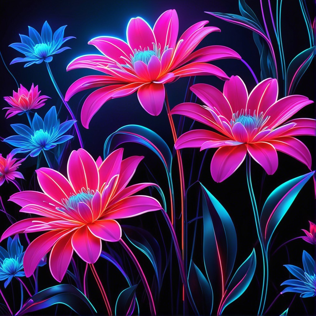 Vibrant Flowers with Neon Outlines on Dark Background