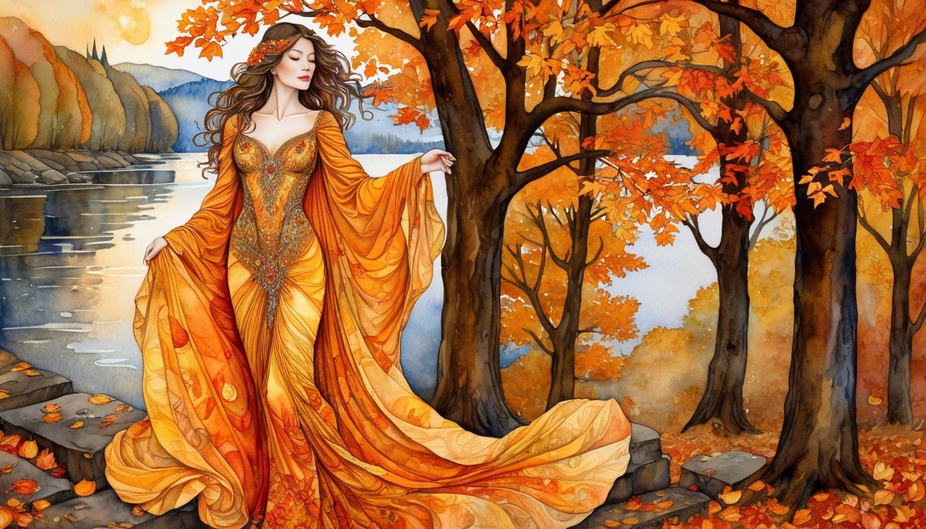 Autumn Scene with Woman by Tranquil River