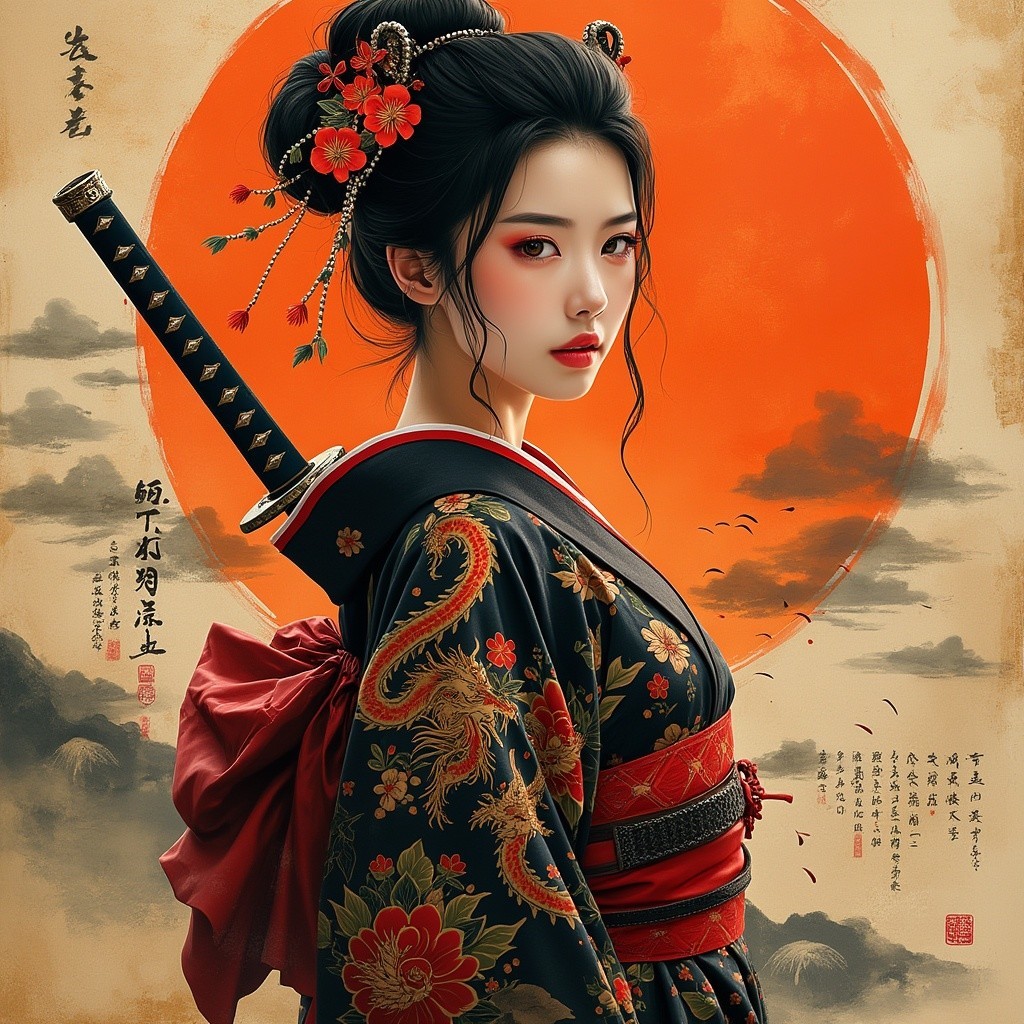 Woman in Traditional Japanese Attire Against Sunset