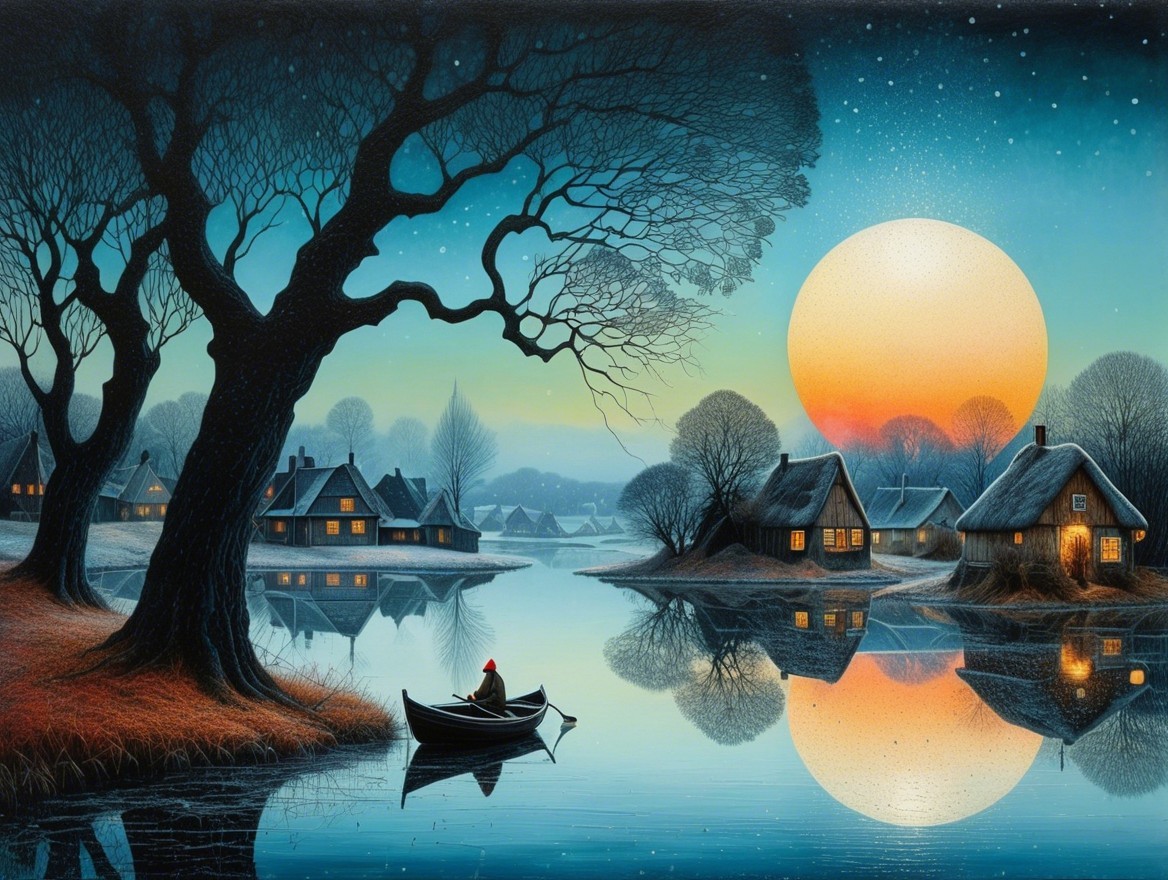 Twilight Lake Scene with Cottages and Silhouetted Trees