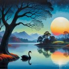 Twilight Lake Scene with Cottages and Silhouetted Trees