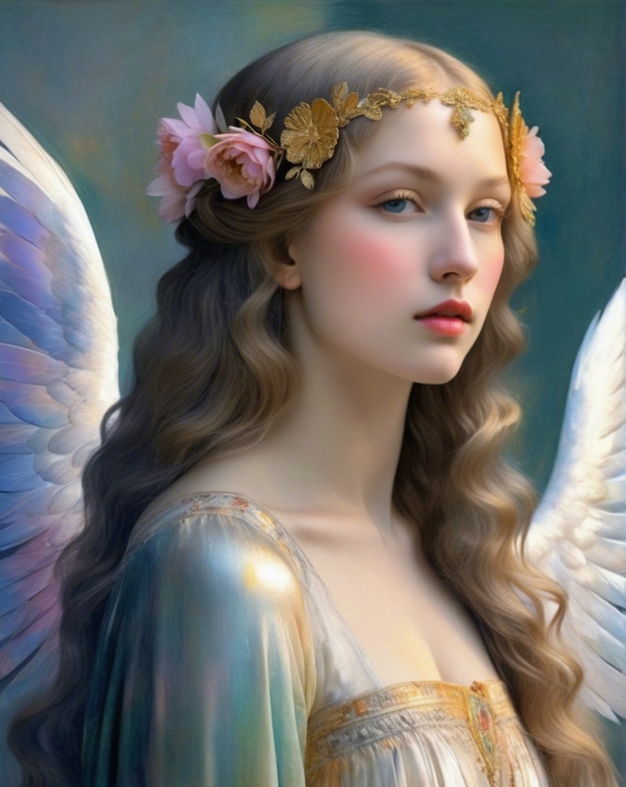 Serene Angelic Figure with Majestic Wings and Flowers