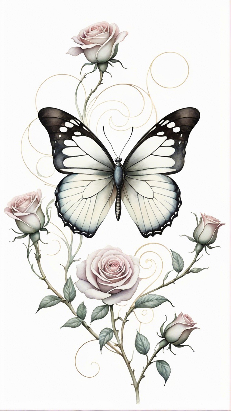 Butterfly Among Pink Roses and Swirling Vines