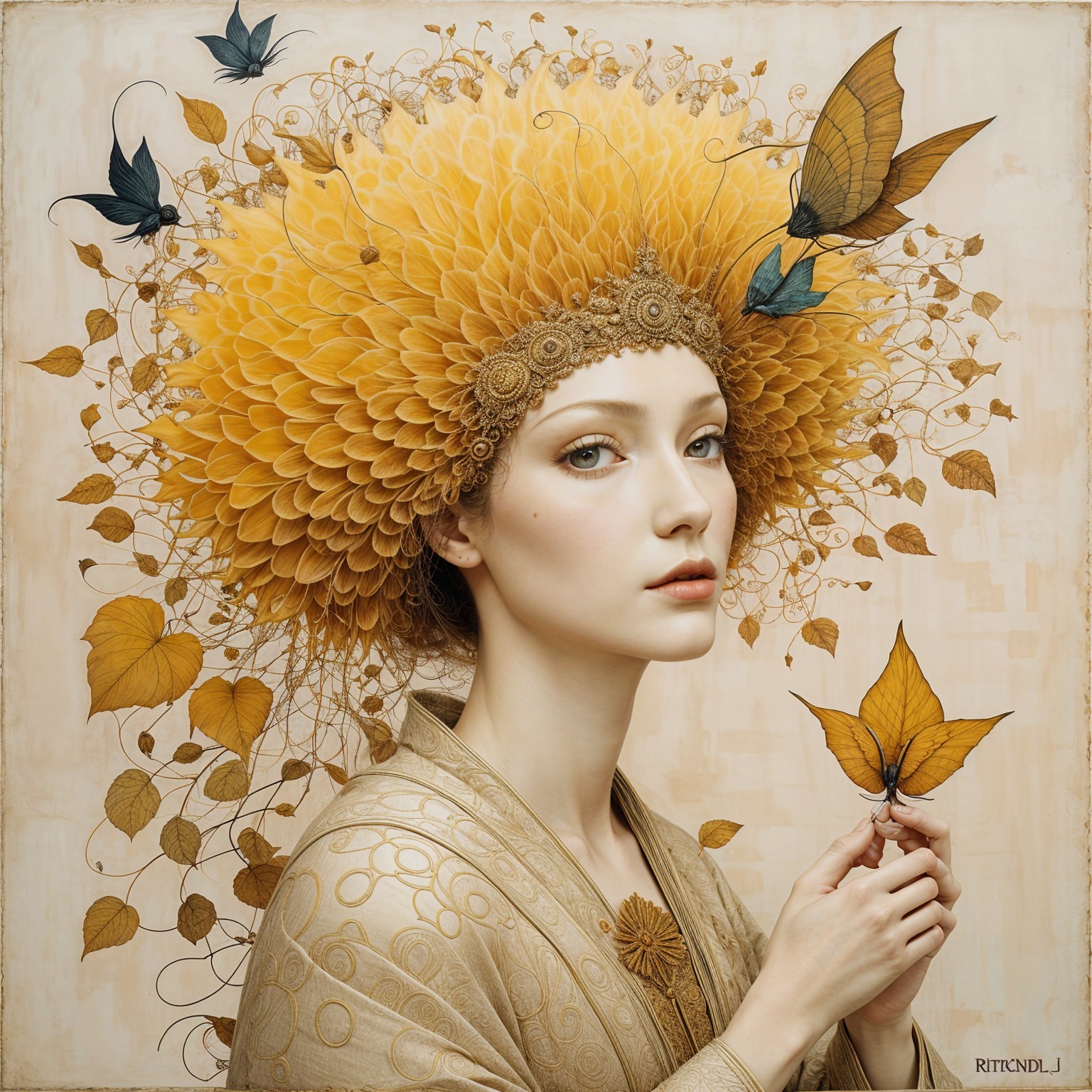Portrait of a woman with golden floral headdress
