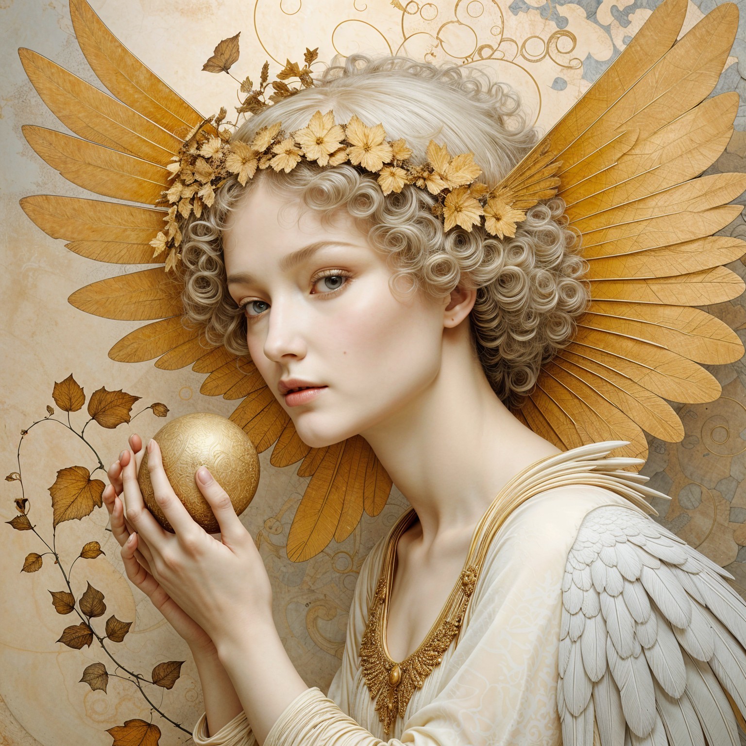 Serene figure with golden wings and floral crown