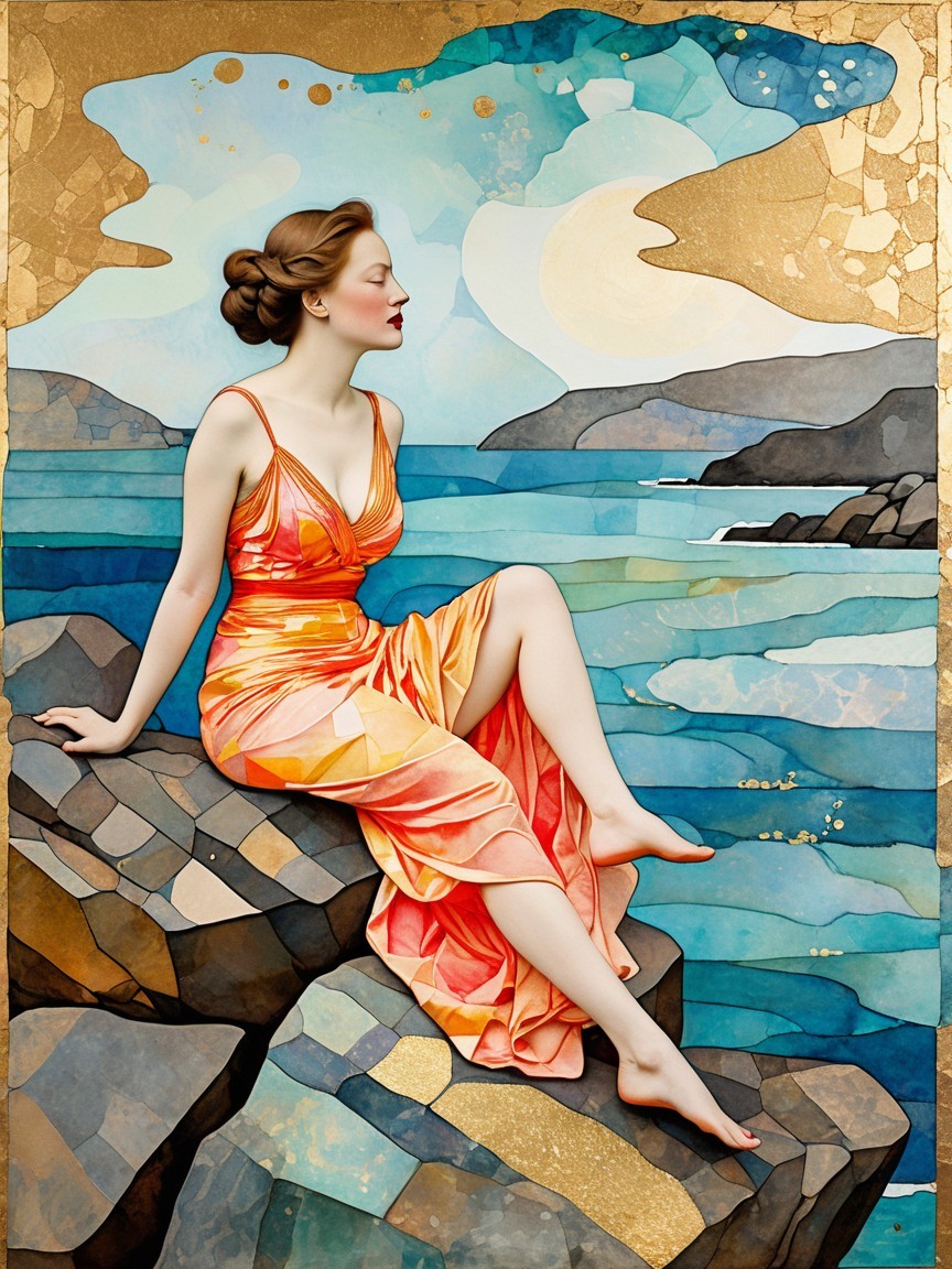 Serene Woman in Orange Dress by Tranquil Ocean