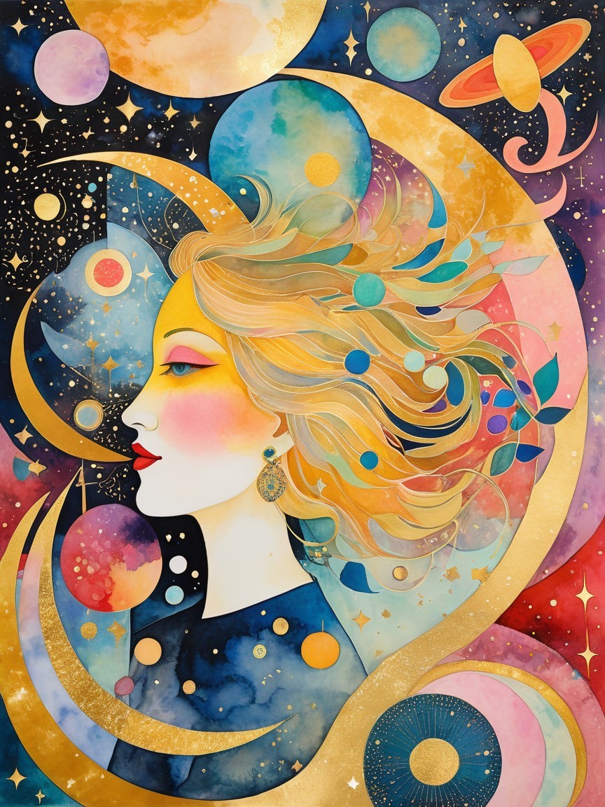 Celestial Woman with Vibrant Colors and Cosmic Elements