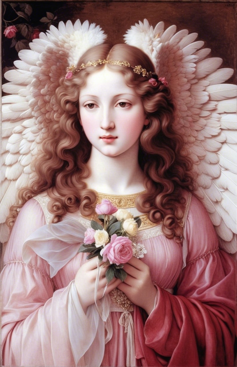 Serene Angel with Gentle Expression and Floral Bouquet