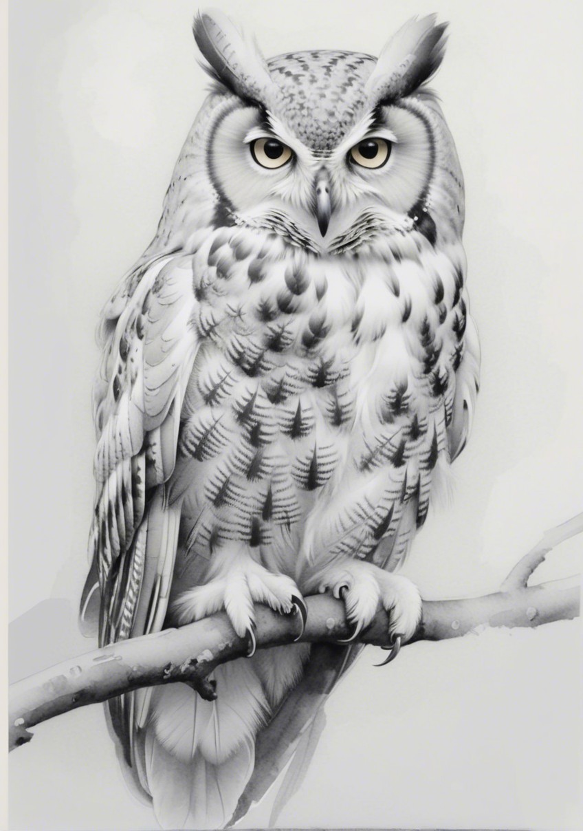 Black and white illustration of a majestic owl perched