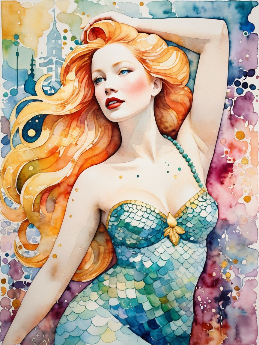 Watercolor Painting of a Confident Mermaid with Orange Hair