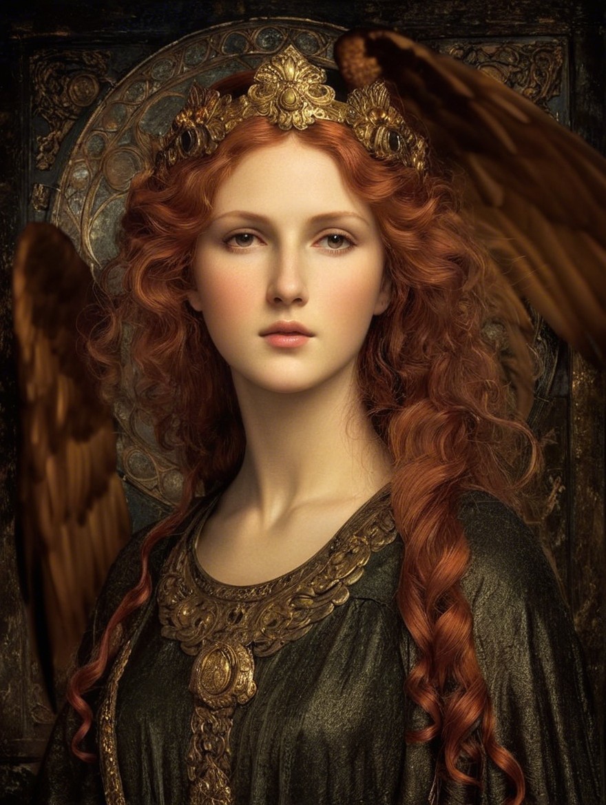Regal woman with red hair and feathered wings