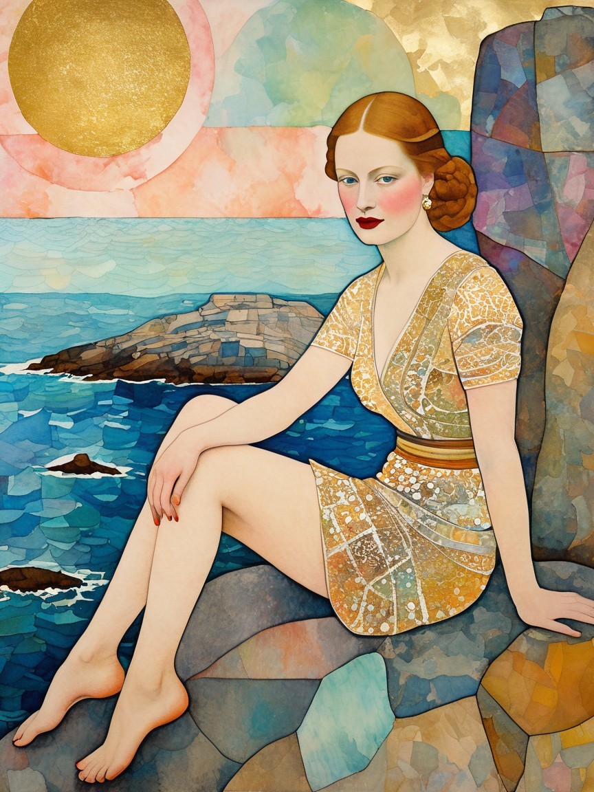Stylized Woman in Gold Dress by Ocean at Sunset