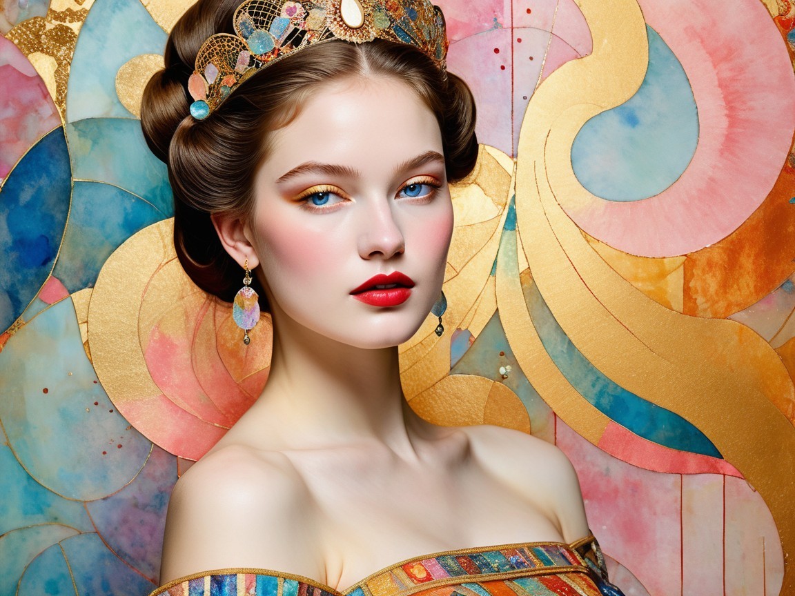 Young Woman with Crown and Vibrant Makeup in Abstract Art