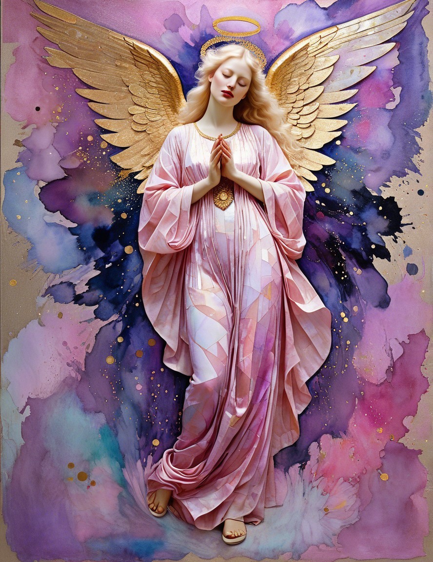 Serene Angel with Golden Wings in Watercolor Setting