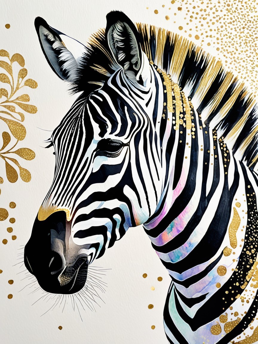 Artistic Zebra Head with Floral Patterns and Gold Accents