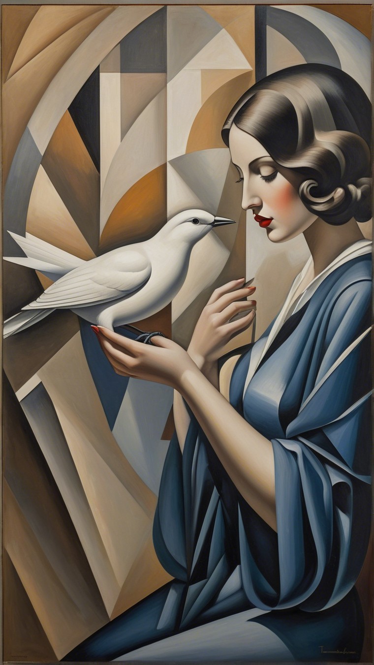 Woman in Blue Robe Holding White Bird in Artwork