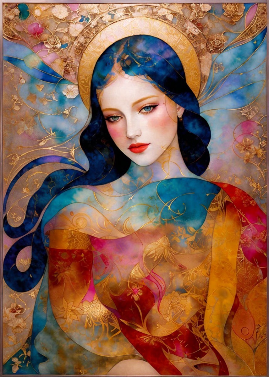 Illustrated figure with blue hair and floral robes