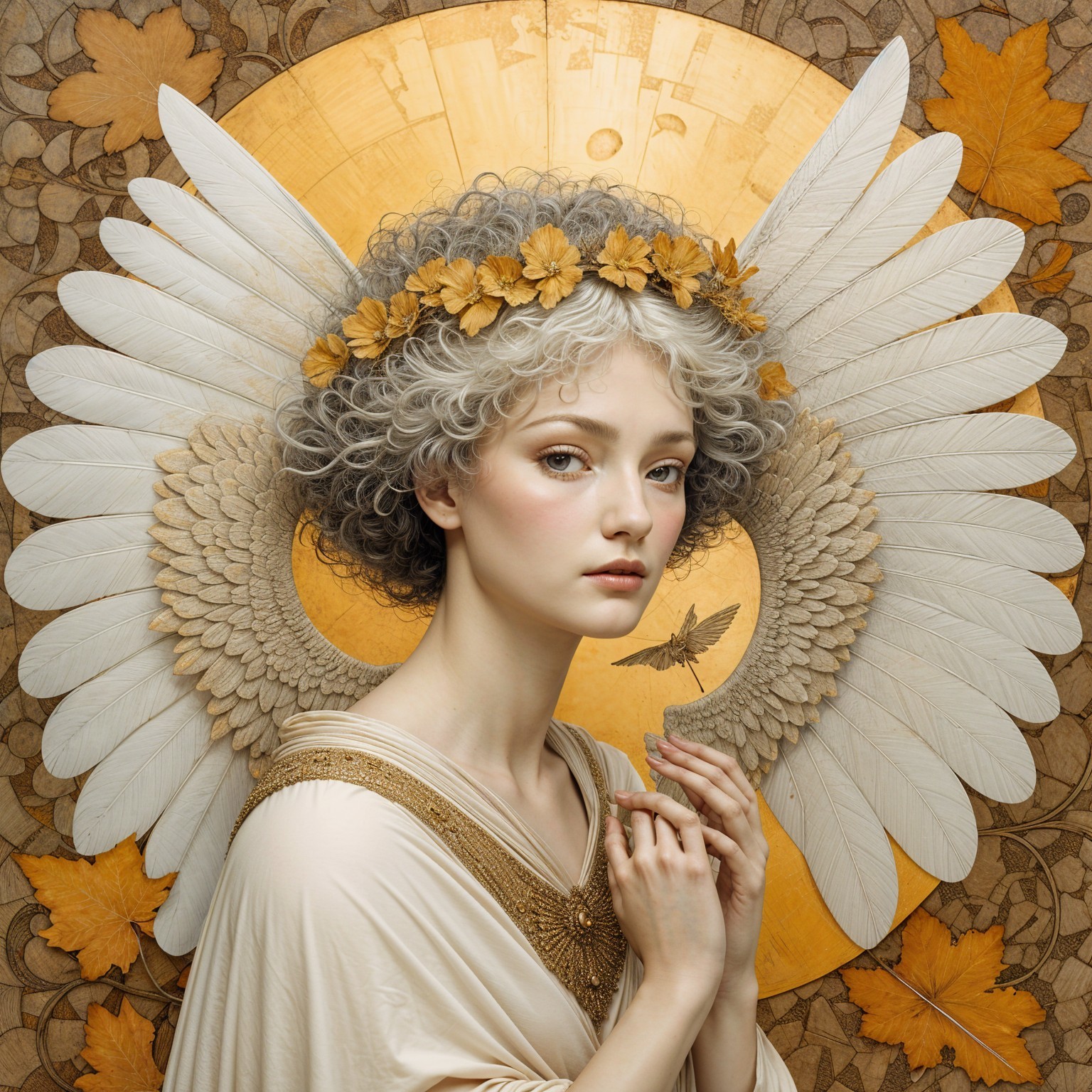 Serene Figure with Gray Hair and Golden Wings