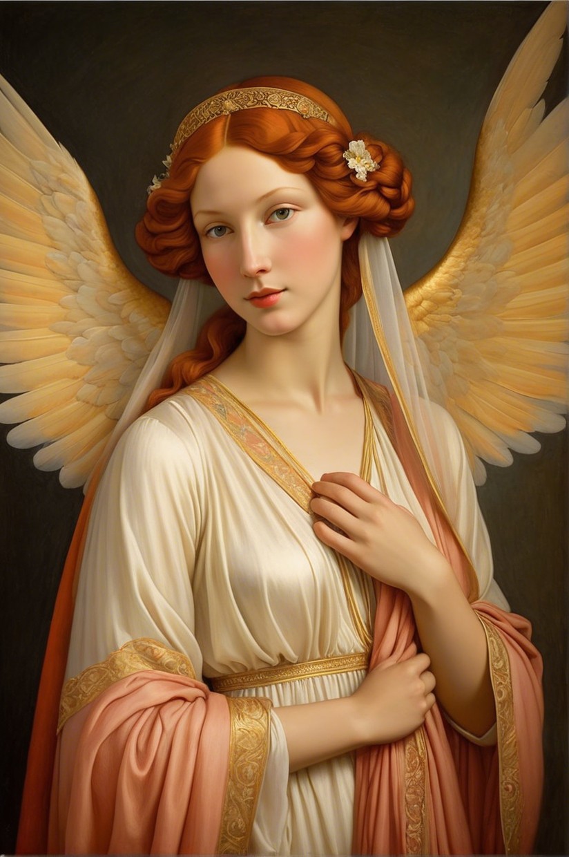 Serene Woman with Red Hair and Angelic Wings