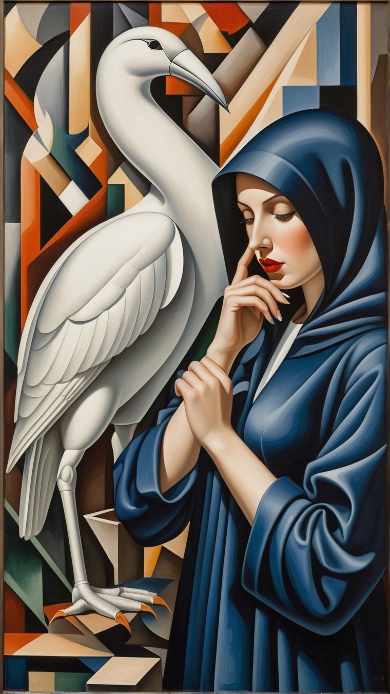 Woman in Blue Cloak with White Heron and Geometric Background