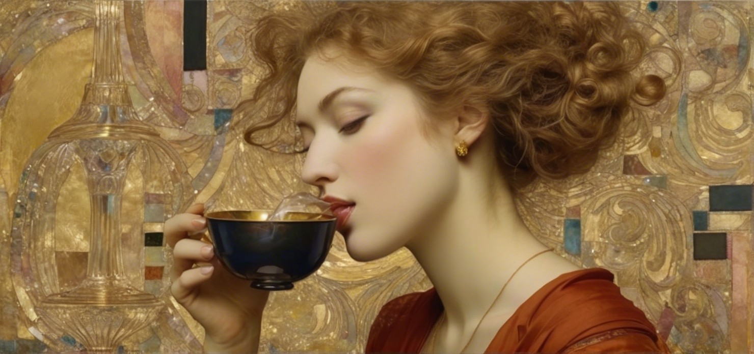Elegant woman with curly red hair and blue cup