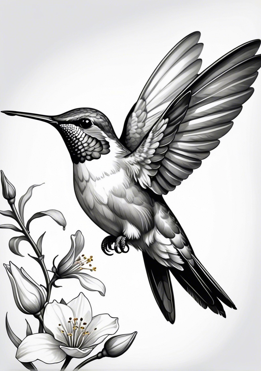 Illustration of Hummingbird in Flight with Flowers
