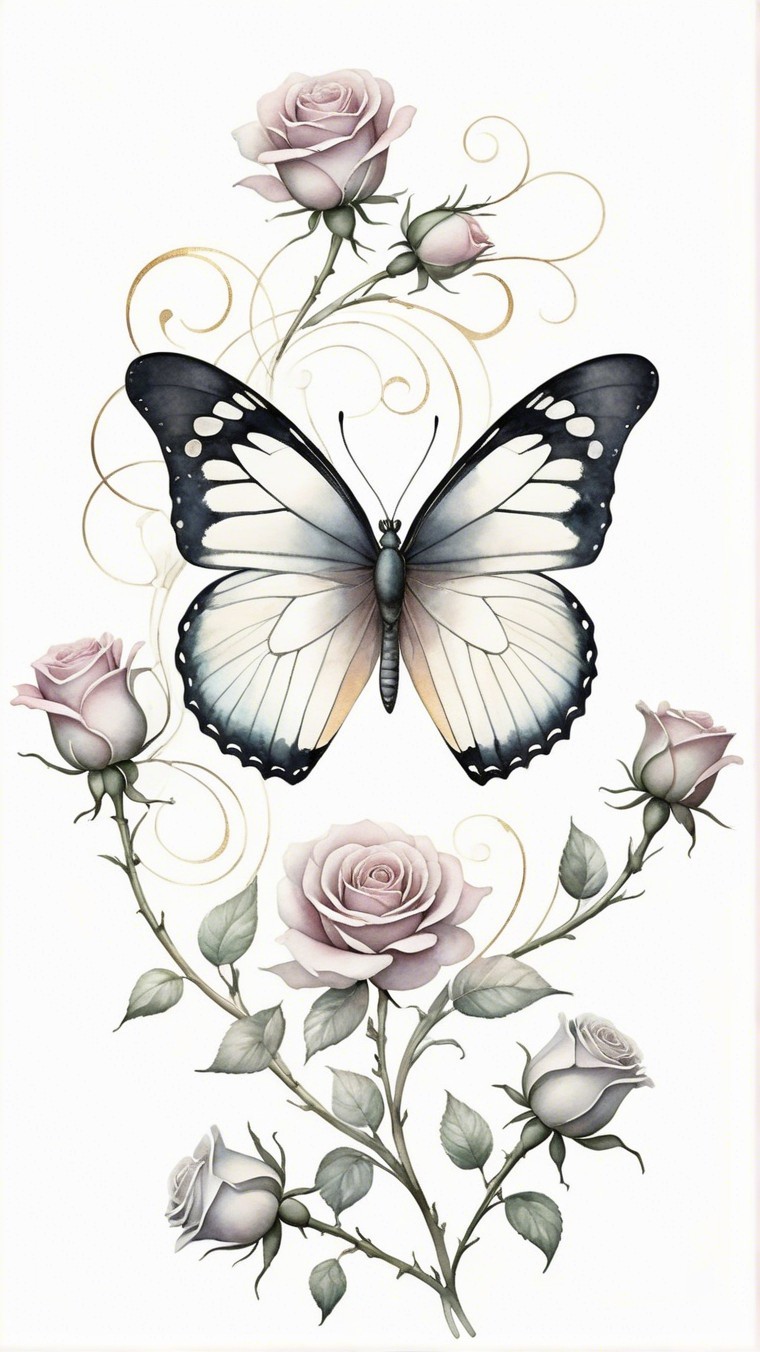 Intricate Butterfly with Black and White Wings and Roses