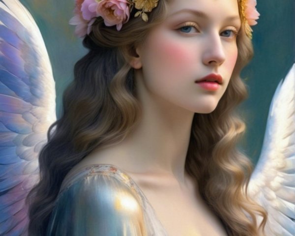 Serene Angelic Figure with Majestic Wings and Flowers