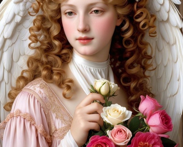 Celestial Figure with Floral Adornments and Wings