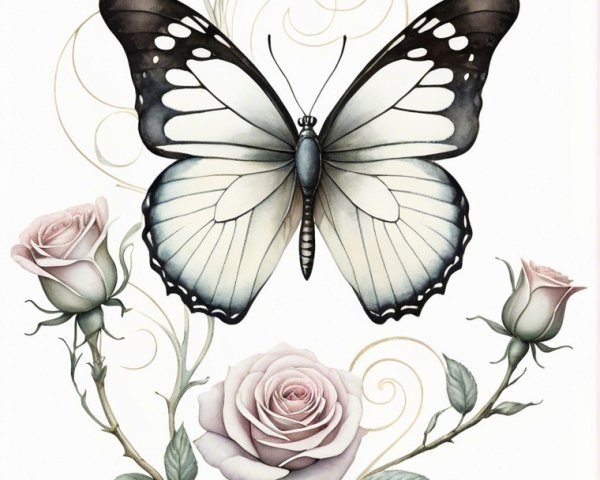 Butterfly Among Pink Roses and Swirling Vines