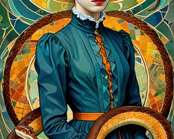 Young Woman in Teal Dress Holding a Brown Snake