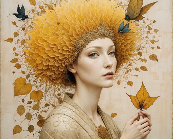 Portrait of a woman with golden floral headdress