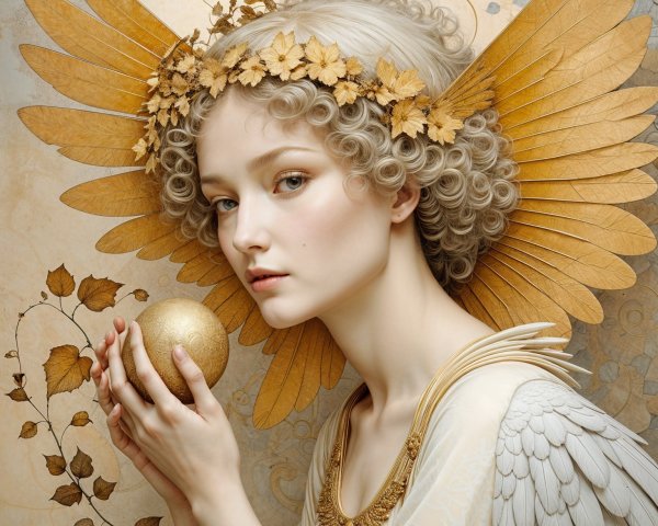 Serene figure with golden wings and floral crown