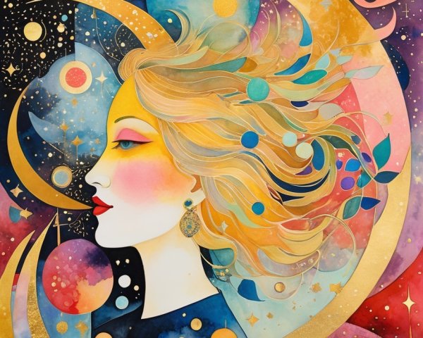 Celestial Woman with Vibrant Colors and Cosmic Elements