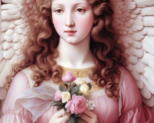 Serene Angel with Gentle Expression and Floral Bouquet