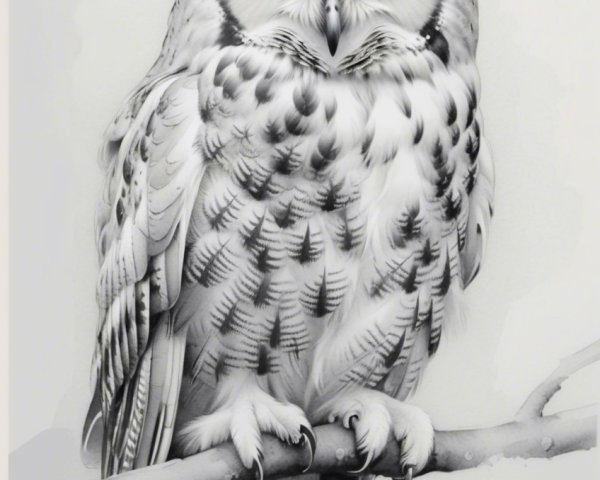 Black and white illustration of a majestic owl perched