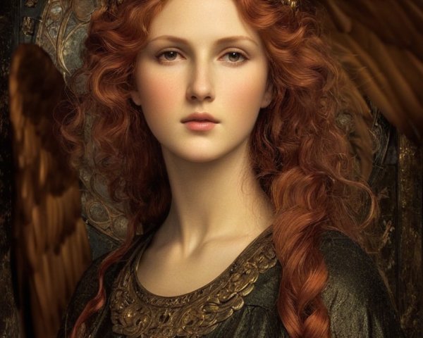Regal woman with red hair and feathered wings