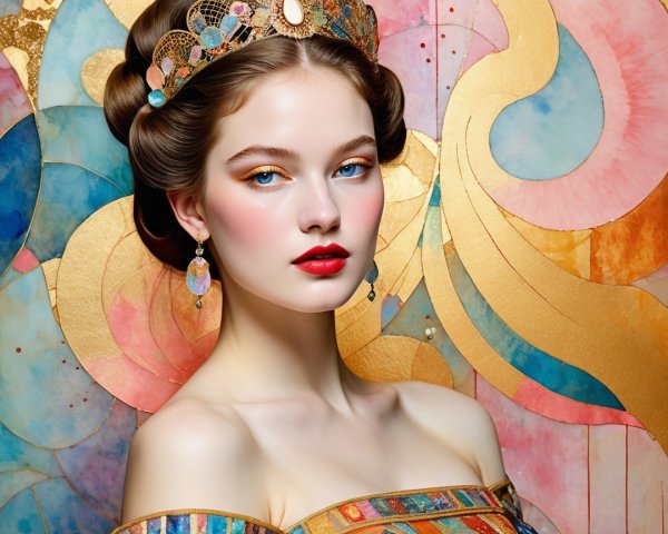 Young Woman with Crown and Vibrant Makeup in Abstract Art