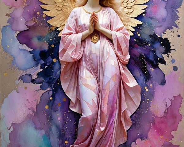 Serene Angel with Golden Wings in Watercolor Setting