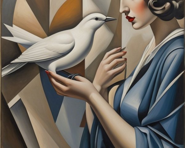 Woman in Blue Robe Holding White Bird in Artwork